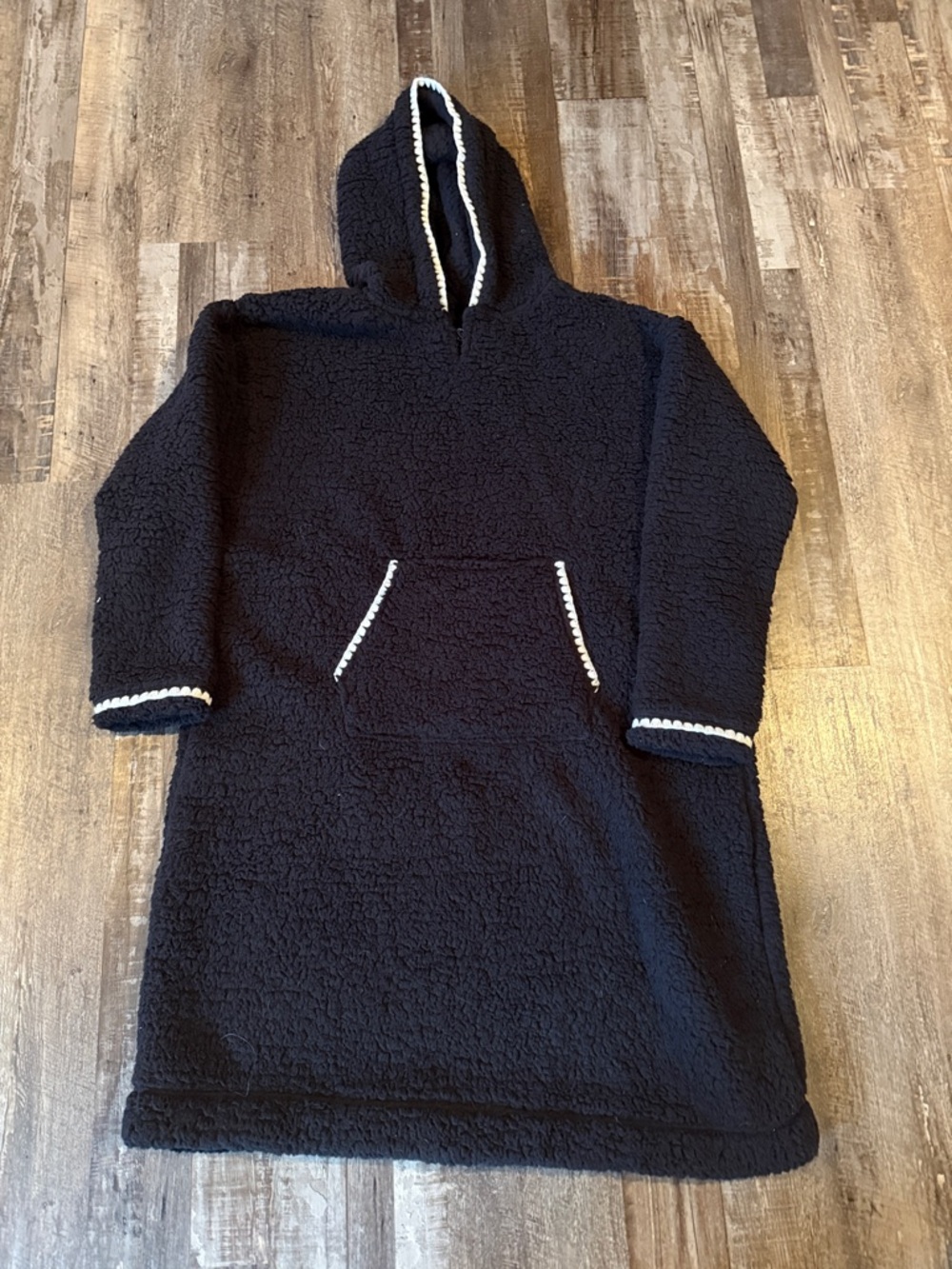 Black Sherpa Hooded Pullover Coat with White Trim